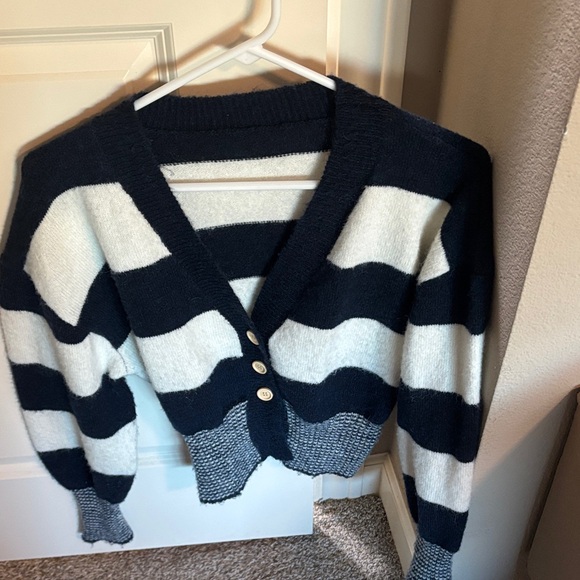 Commense Sweaters - Commense Navy and White Striped Cardigan